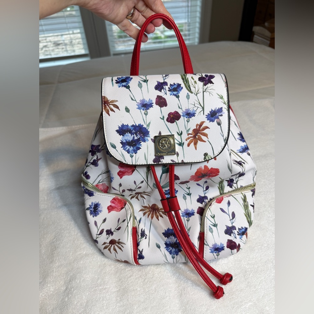 Christian Lacroix White Floral Backpack with Red Trim